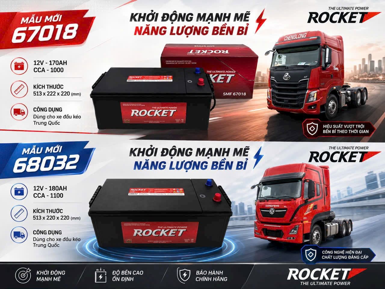 Ắc Quy Rocket 67018 170Ah & 68032 180Ah Cho Xe Đầu Kéo