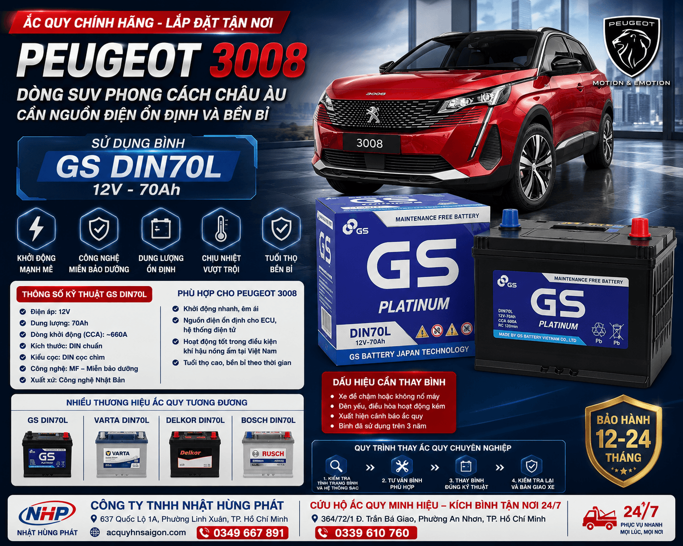 Peugeot 3008 Dùng Bình Gì? Thay GS DIN70L 12V–70Ah Chính Hãng Tận Nơi