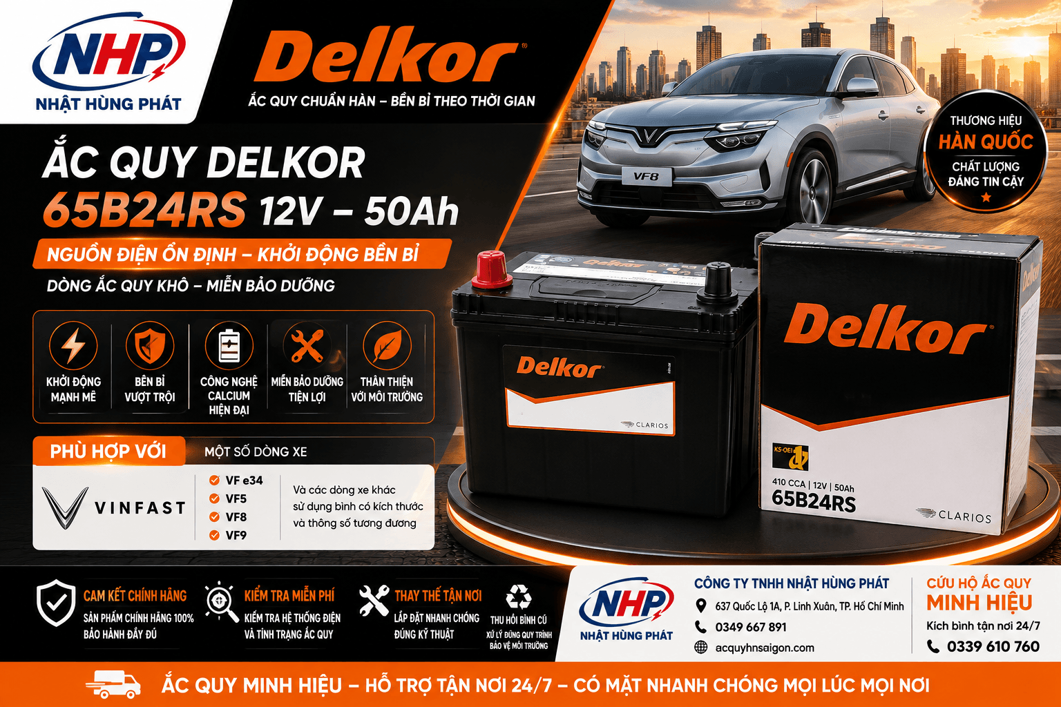 Ắc Quy Delkor 65B24RS 12V 50Ah Chính Hãng – Bình Khô Miễn Bảo Dưỡng