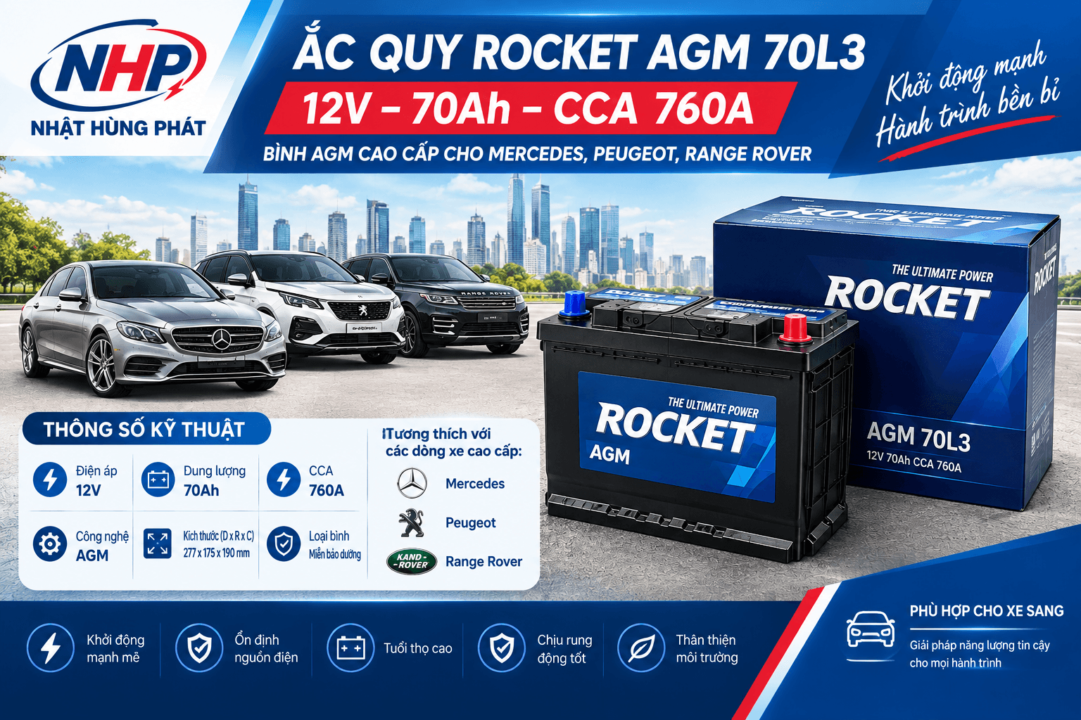 Ắc Quy Rocket AGM 70L3 12V 70Ah CCA 760A – Bình AGM Cao Cấp Cho Mercedes, Peugeot, Range Rover