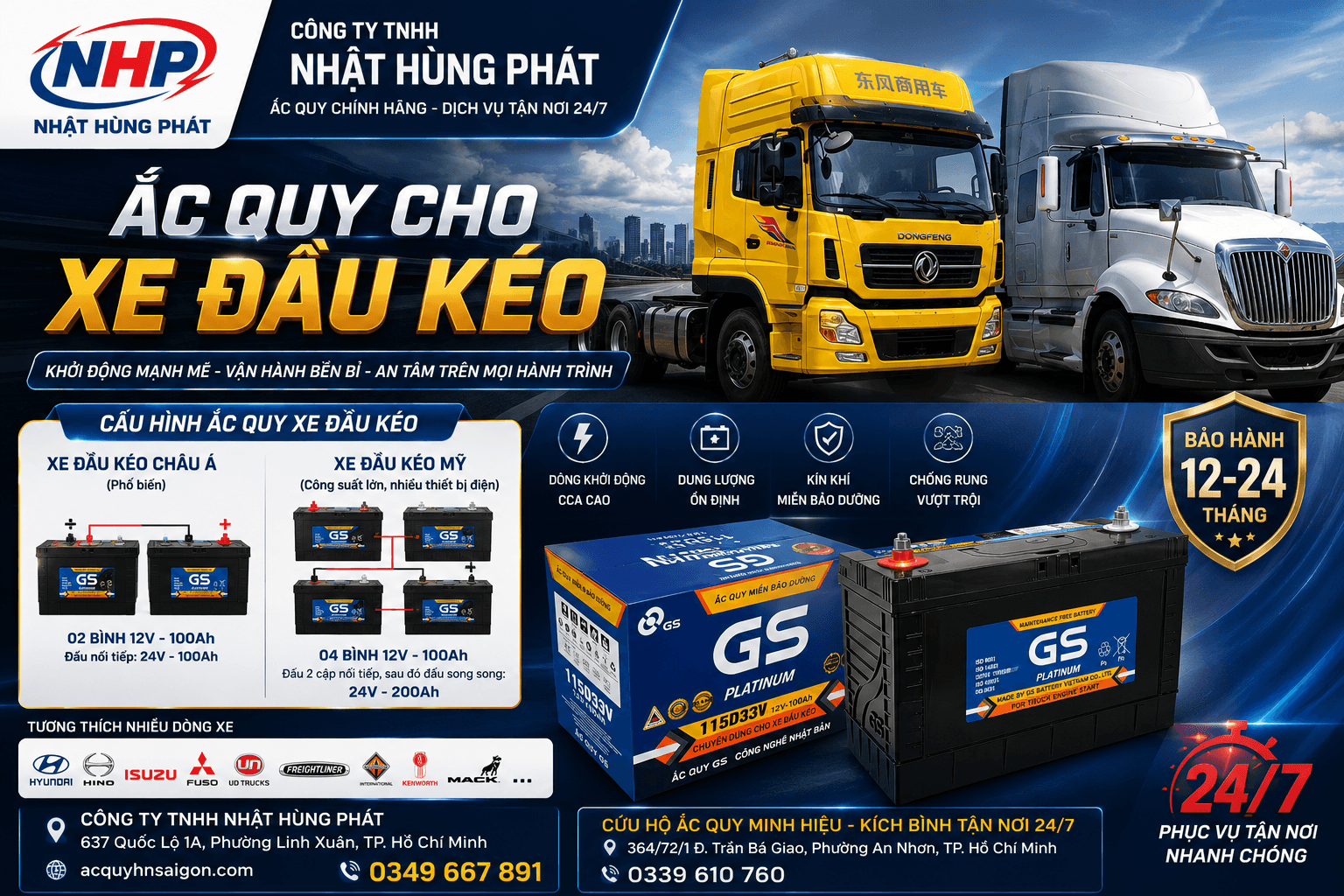 Xe Đầu Kéo Dùng Bao Nhiêu Bình Ắc Quy? Thay GS MF 115D33V 12V – 100Ah Chính Hãng